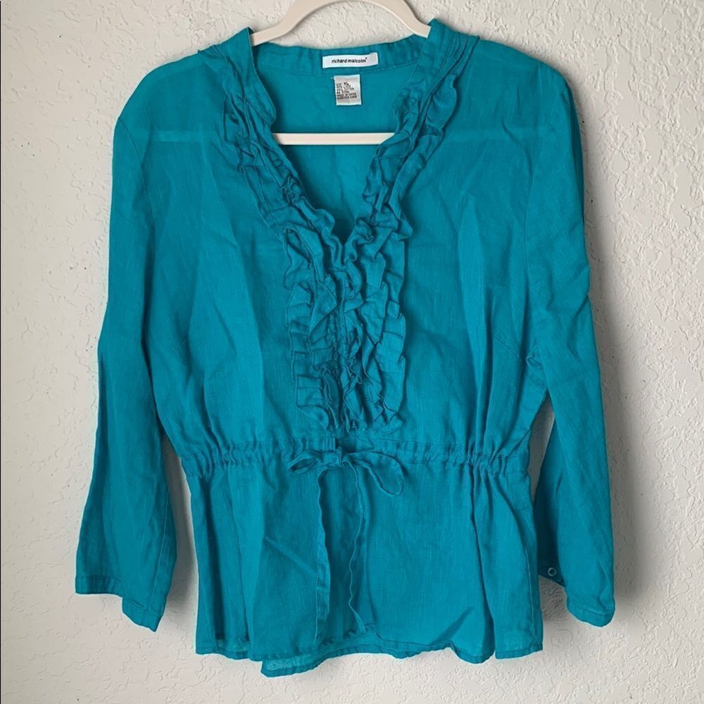 Richard Malcolm Linen Blue Flutter Sleeve Ruffled Blouse Lightweight Size XL